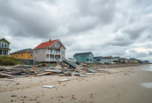 Debris from collapsed homes on the beach in Buxton