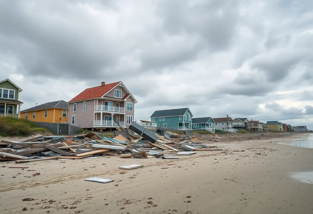 Debris from collapsed homes on the beach in Buxton
