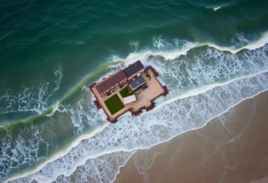 Coastline of Buxton, NC showing collapsed homes due to severe erosion.