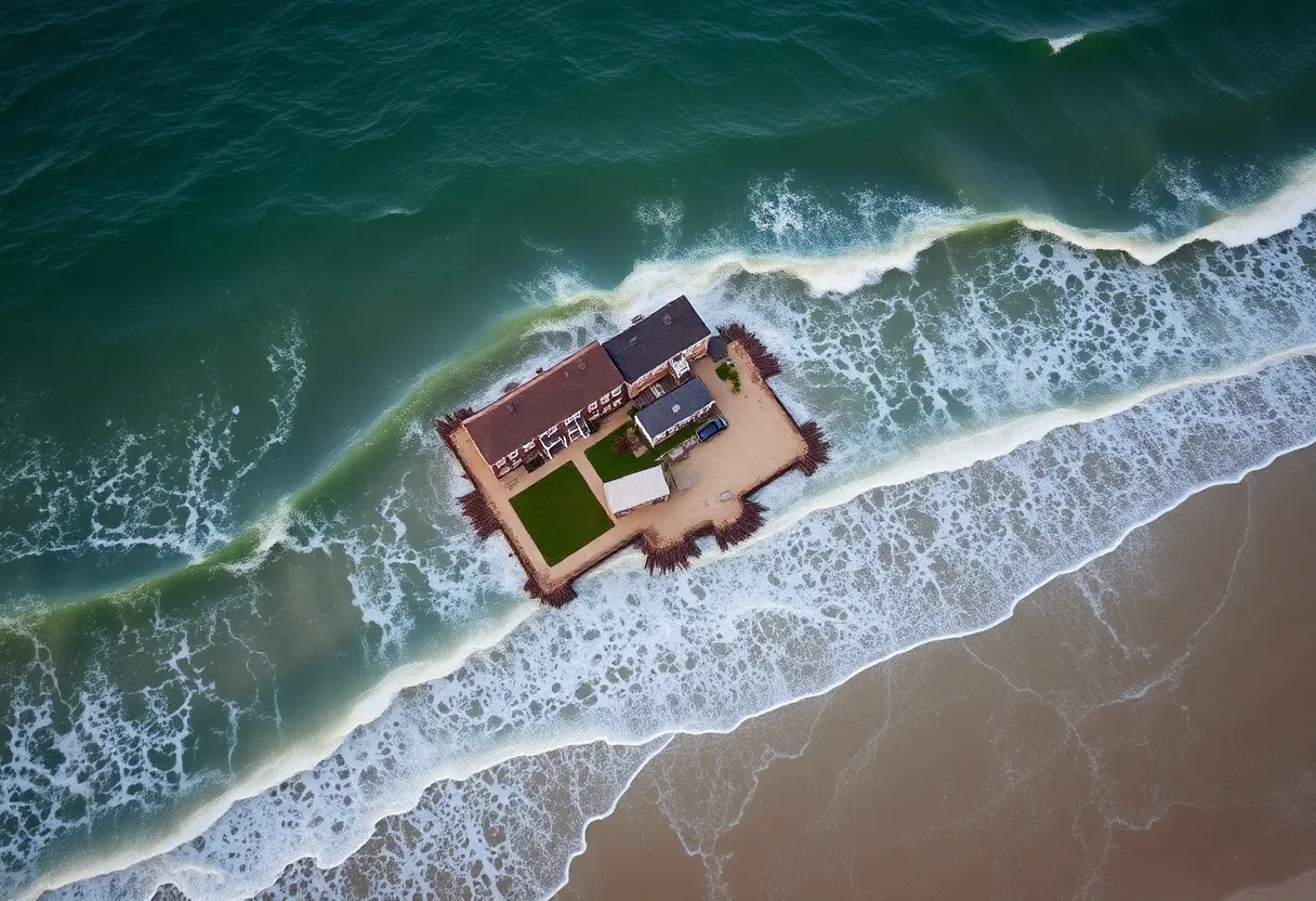 Coastline of Buxton, NC showing collapsed homes due to severe erosion.