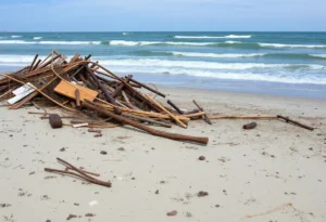 Debris on the beach from collapsed homes in Buxton, North Carolina