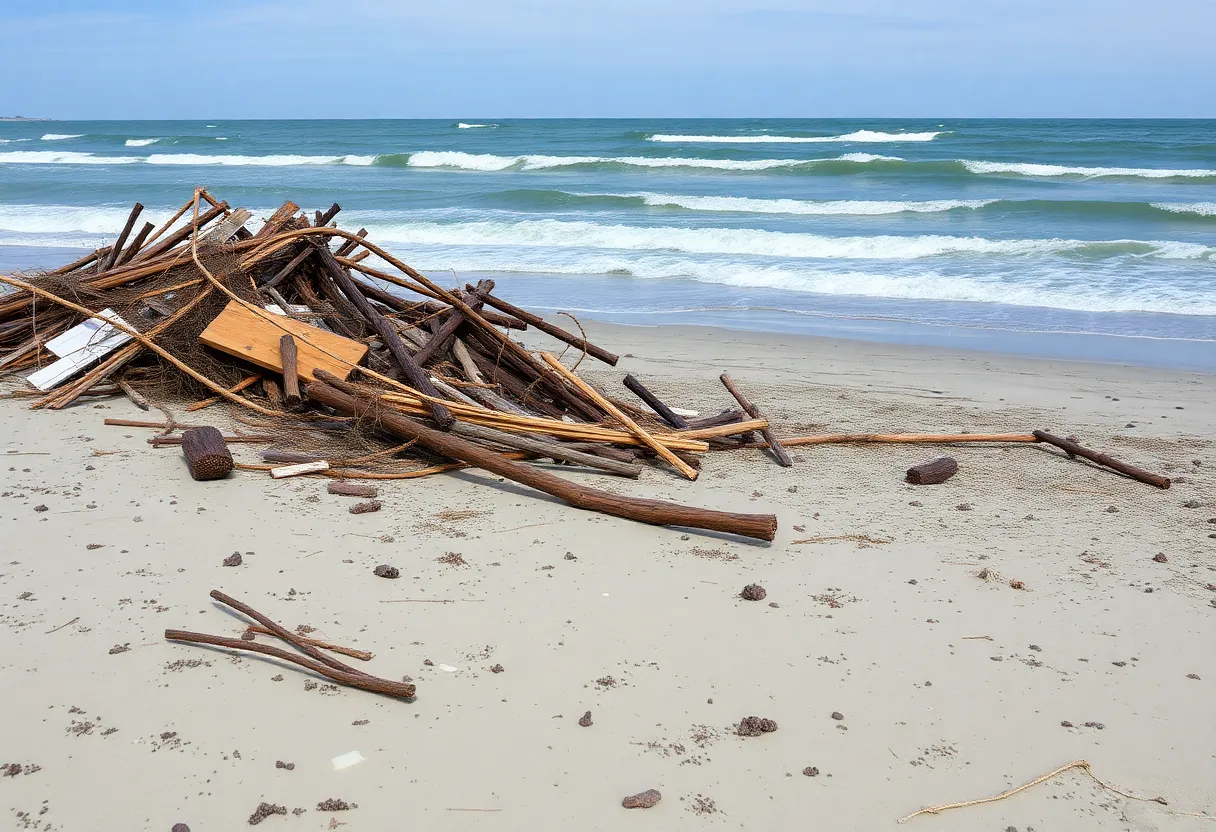 Debris on the beach from collapsed homes in Buxton, North Carolina