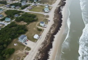 Collapsed homes along the coast in Buxton, North Carolina