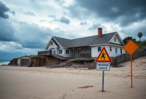 Collapsed oceanfront home in Buxton NC with coastal erosion.