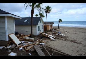 Debris from collapsed homes along Buxton shoreline