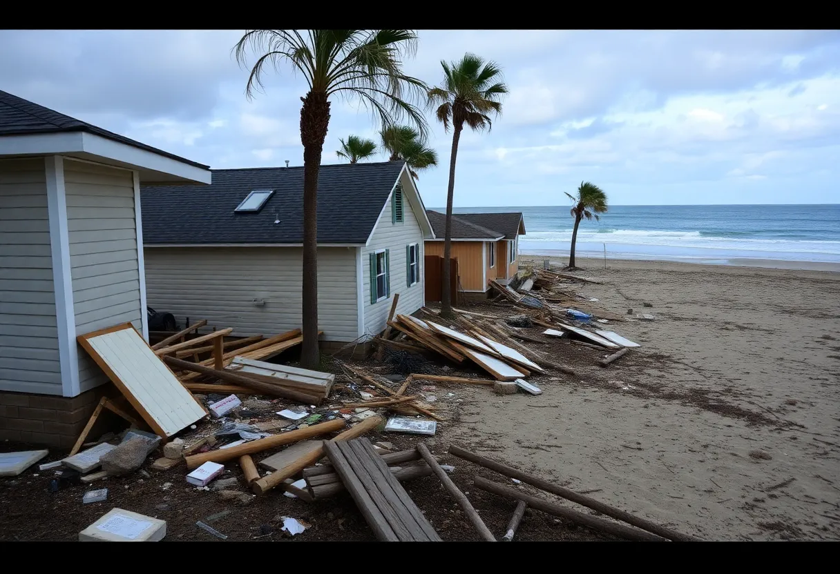Debris from collapsed homes along Buxton shoreline