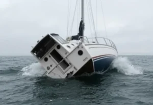 A yacht capsized in turbulent waters of Oregon Inlet, showcasing the dangerous marine conditions.