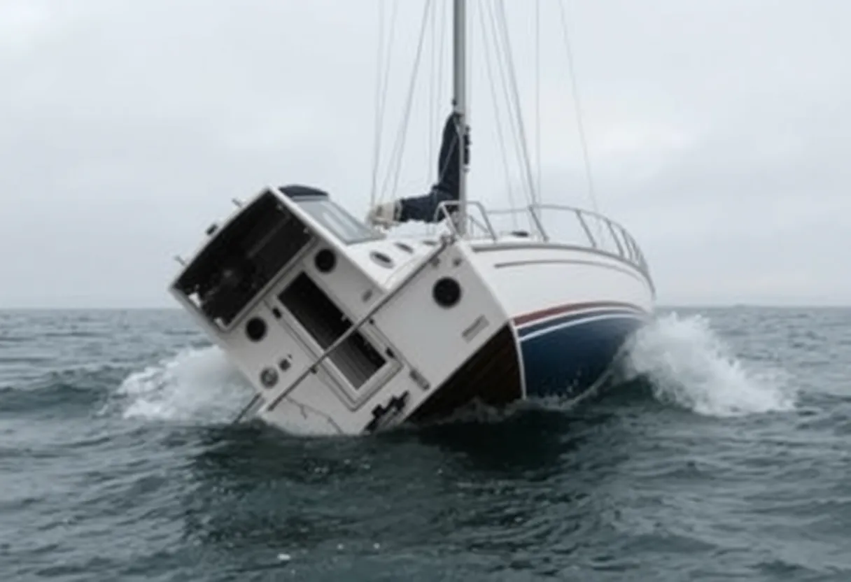 A yacht capsized in turbulent waters of Oregon Inlet, showcasing the dangerous marine conditions.