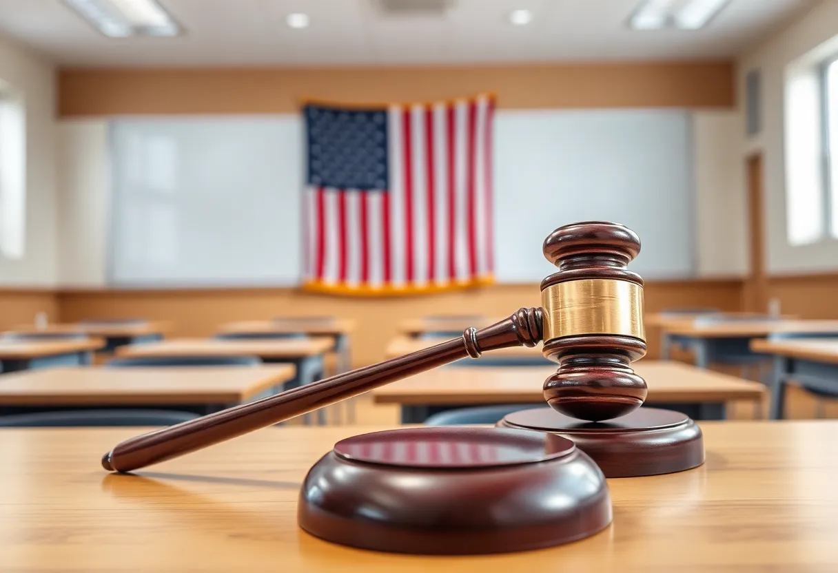 A gavel on a desk with an American flag in a classroom setting