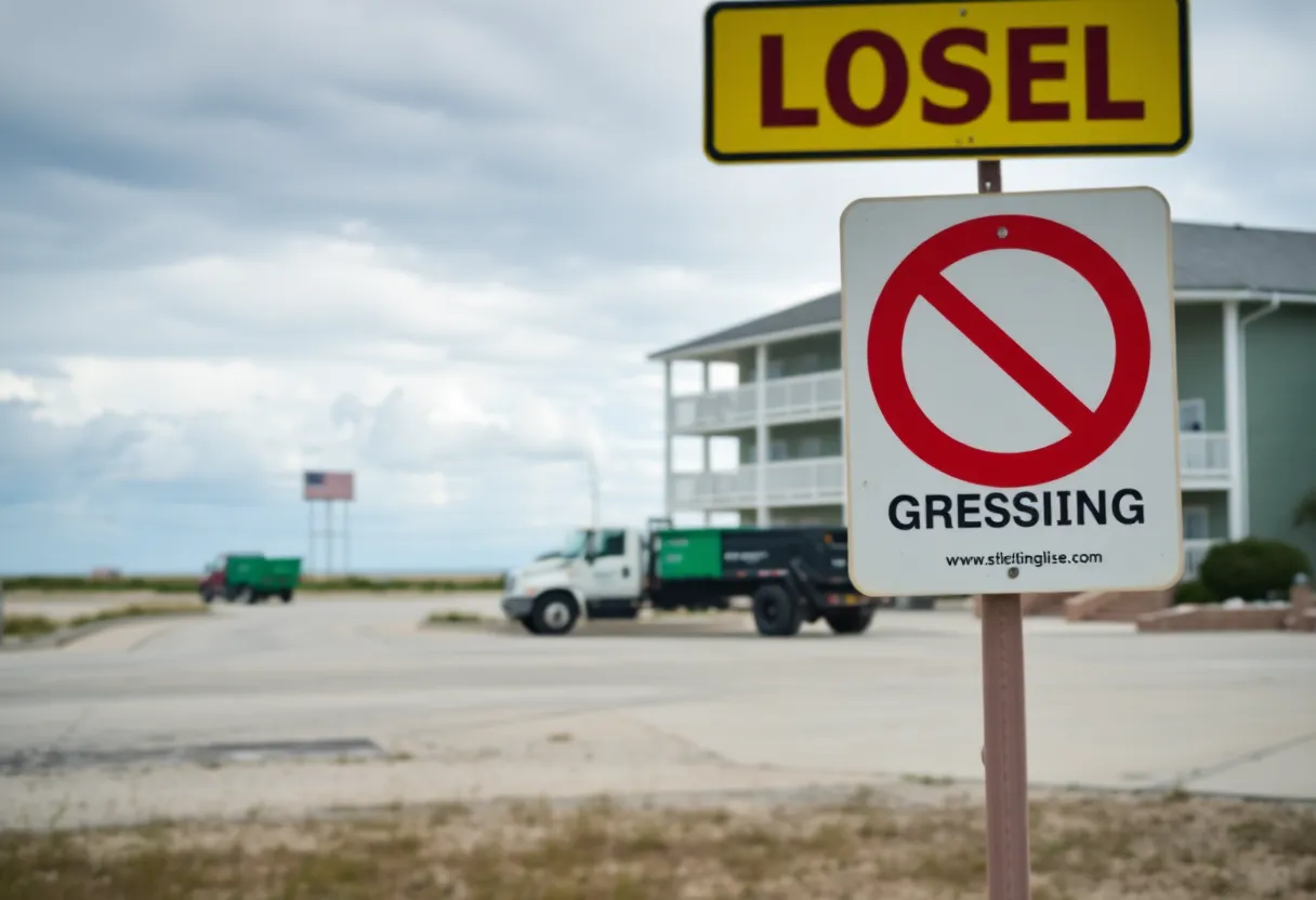 A closed hotel with garbage trucks parked outside and a 'No Trespassing' sign in Outer Banks