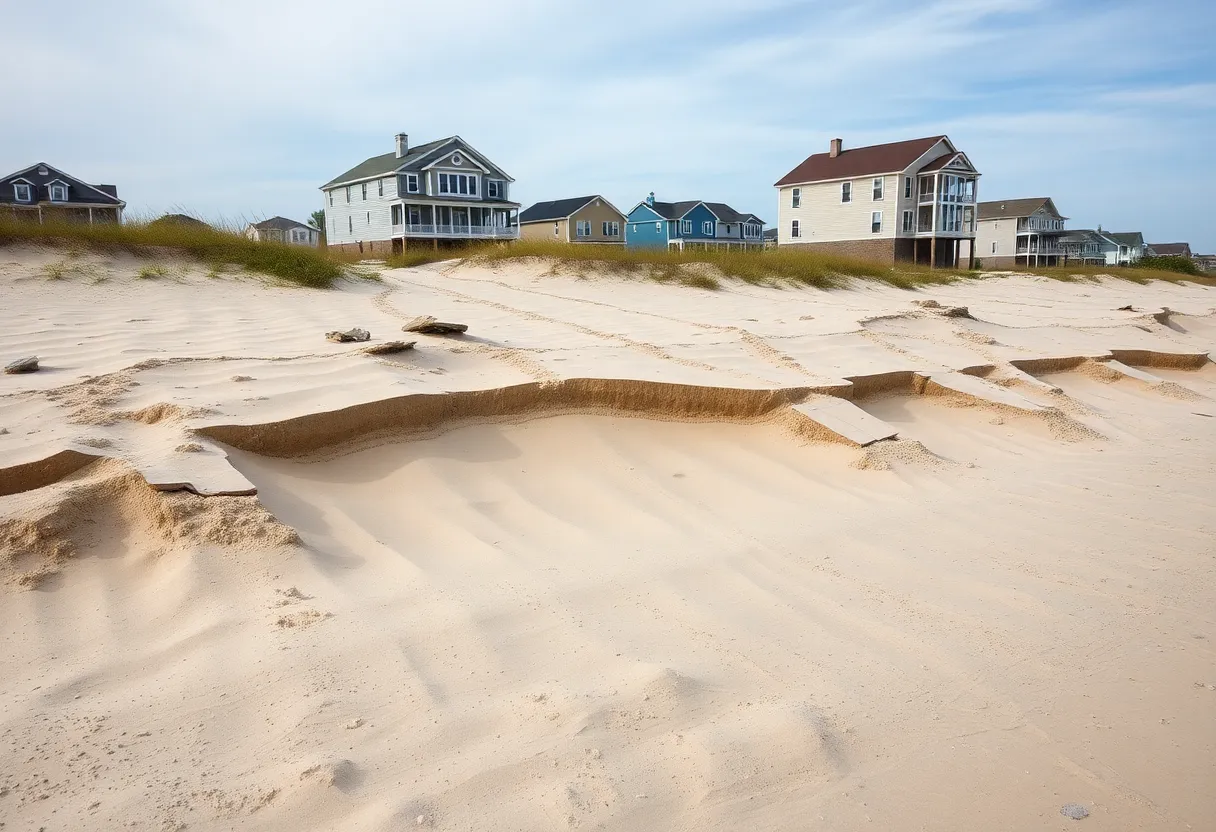 Depiction of coastal erosion in Buxton with crumbling houses