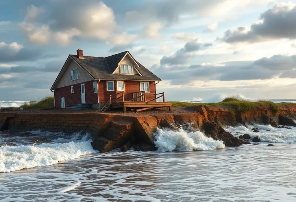 A home collapsing into the Atlantic Ocean due to coastal erosion
