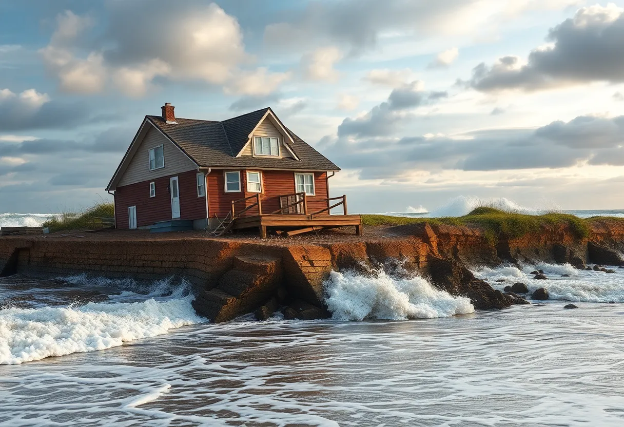 A home collapsing into the Atlantic Ocean due to coastal erosion
