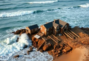 Collapsing beachfront homes in Buxton, North Carolina due to severe erosion.
