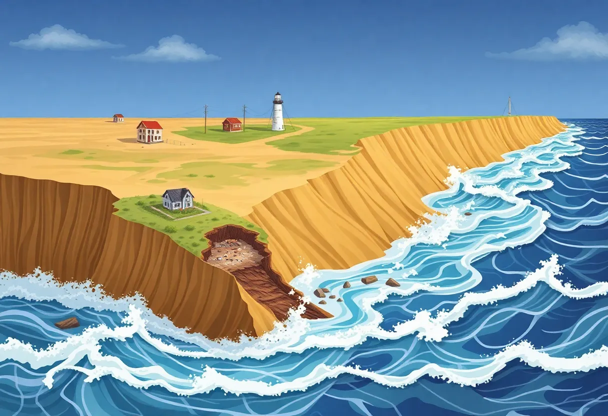 Eroded coastline with collapsed homes along the Outer Banks