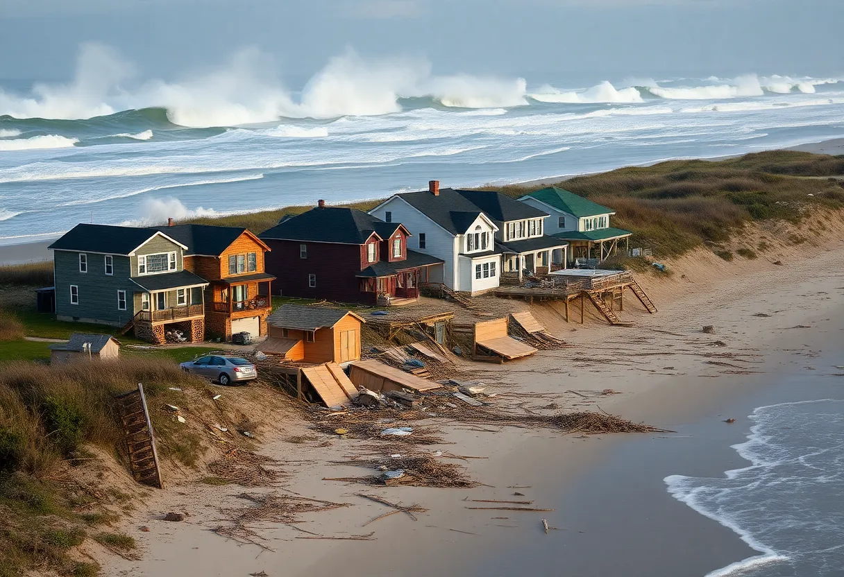 Collapsed homes due to hurricane waves in Buxton, NC.