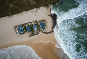 Aerial view of homes collapsed into the Atlantic Ocean in Buxton NC