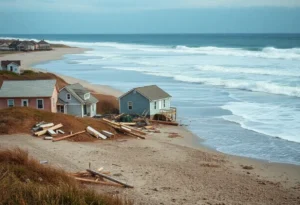 Collapsed homes along the Atlantic Ocean in Buxton, North Carolina.