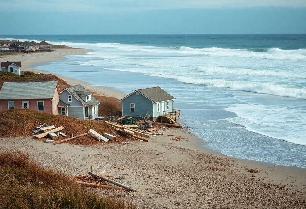 Collapsed homes along the Atlantic Ocean in Buxton, North Carolina.