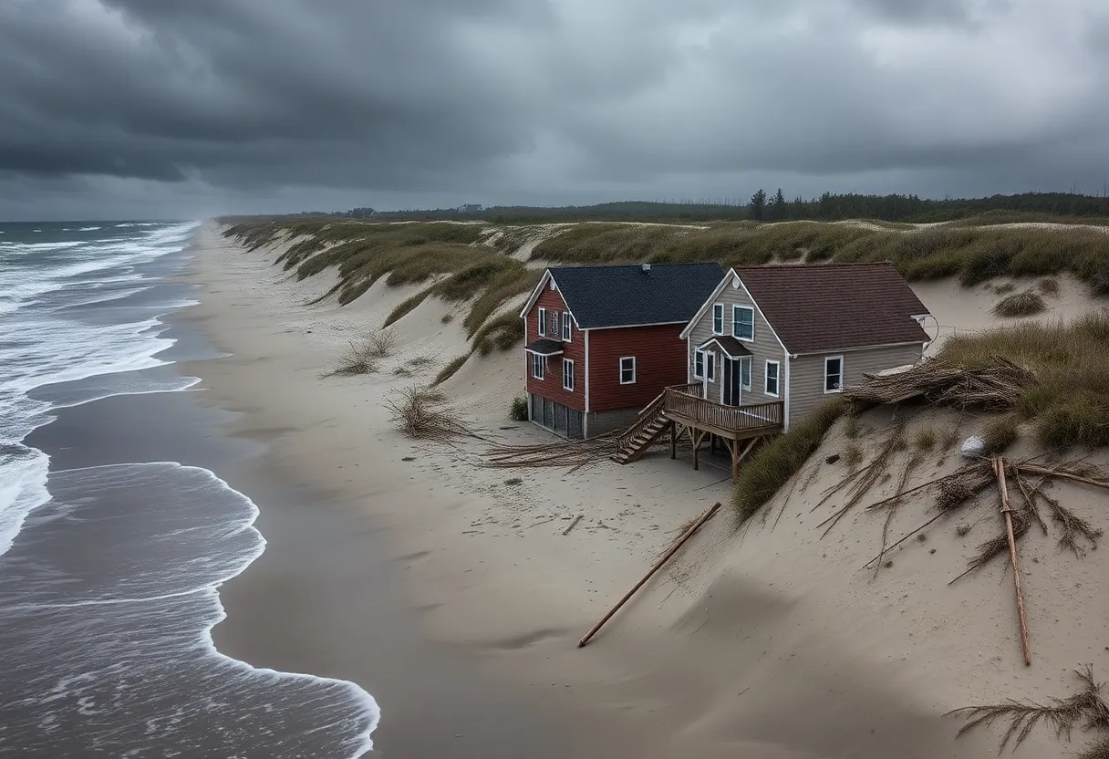 View of collapsed beachfront homes in Rodanthe, North Carolina