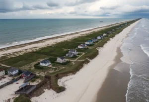 Aerial view of collapsed beachfront homes in Buxton showing severe erosion.