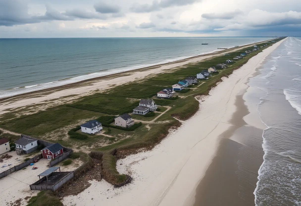 Aerial view of collapsed beachfront homes in Buxton showing severe erosion.
