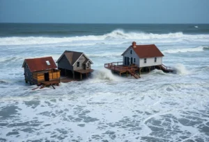 View of collapsed houses falling into the ocean in Buxton, North Carolina