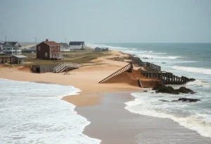 Collapsed oceanfront houses in Buxton, North Carolina due to coastal erosion