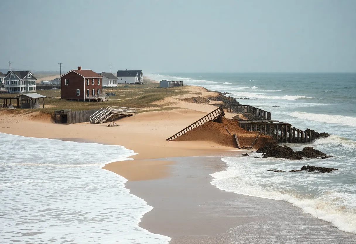 Collapsed oceanfront houses in Buxton, North Carolina due to coastal erosion