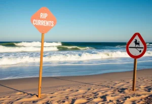 High waves and beach warning signs in Outer Banks