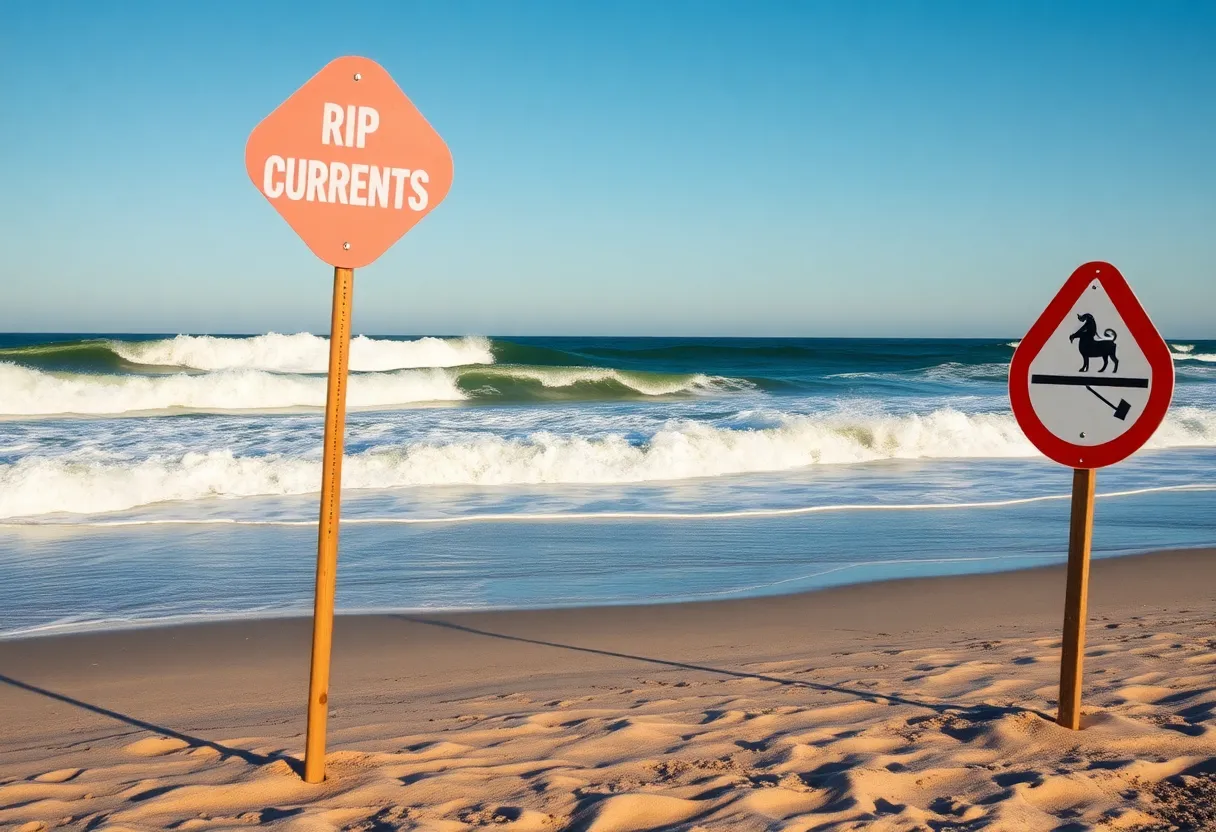 High waves and beach warning signs in Outer Banks