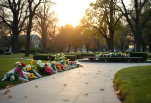 A peaceful scene of remembrance with flowers in a park
