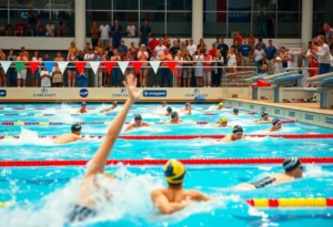 Athletes competing in a swimming event at Duke swim and dive meet