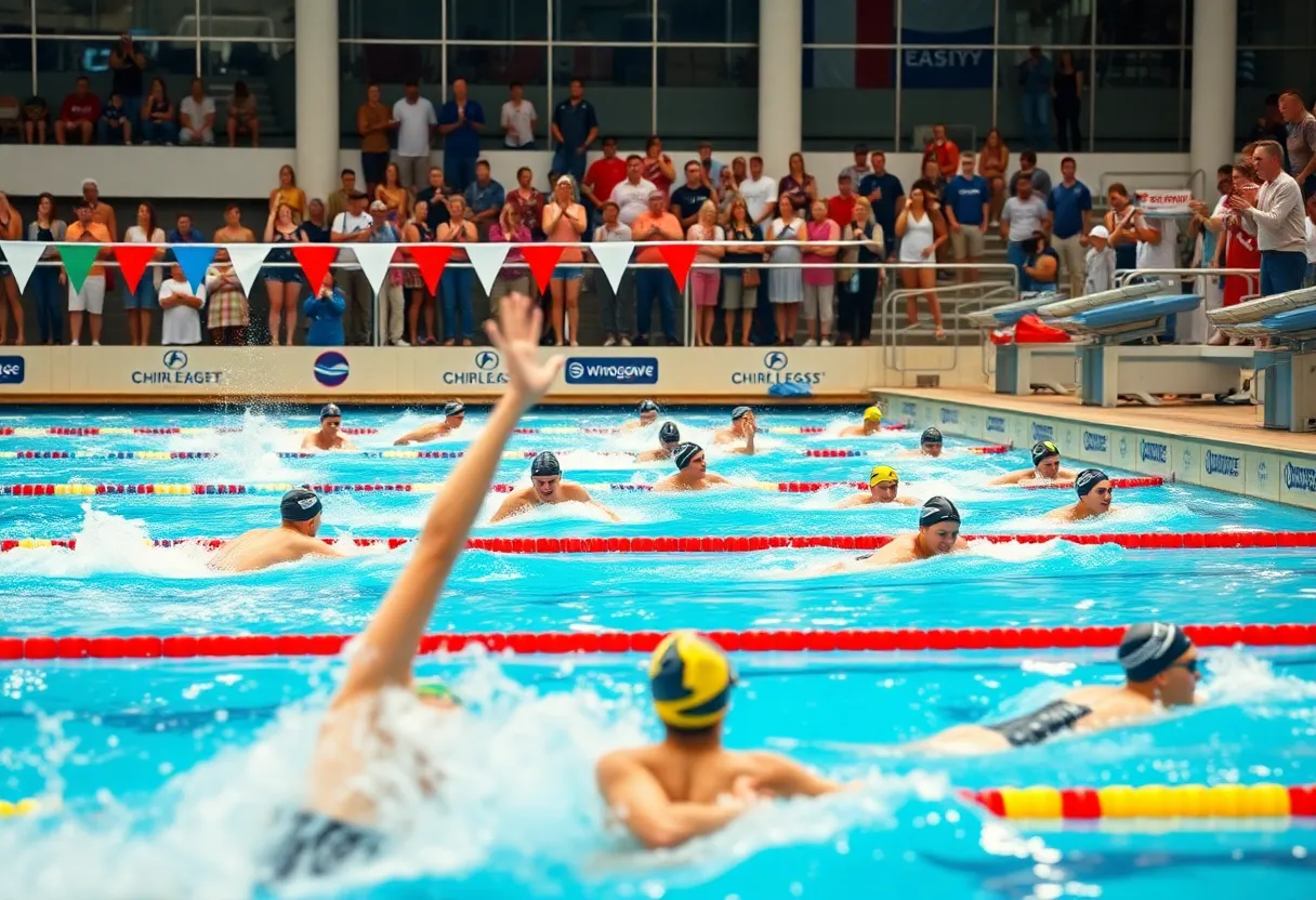 Athletes competing in a swimming event at Duke swim and dive meet