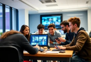 Students collaborating on digital content in a classroom