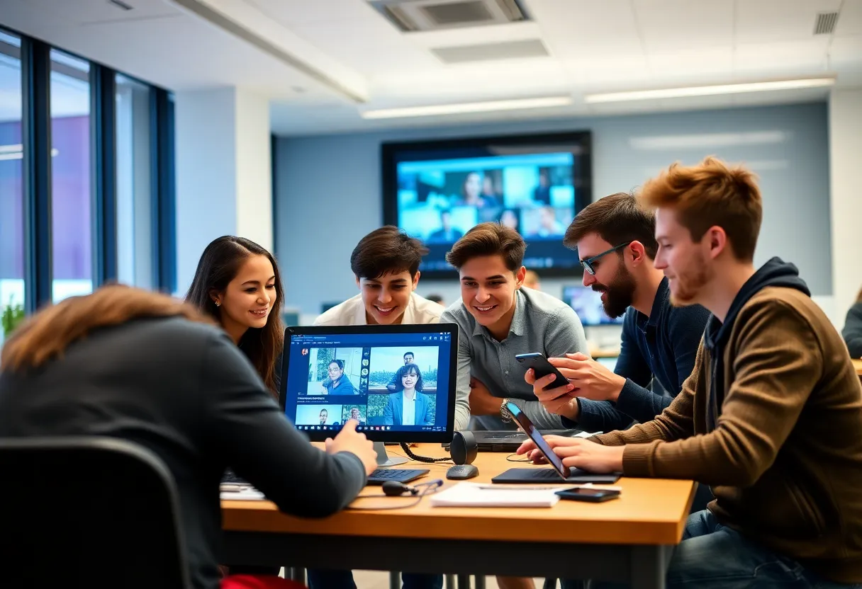 Students collaborating on digital content in a classroom