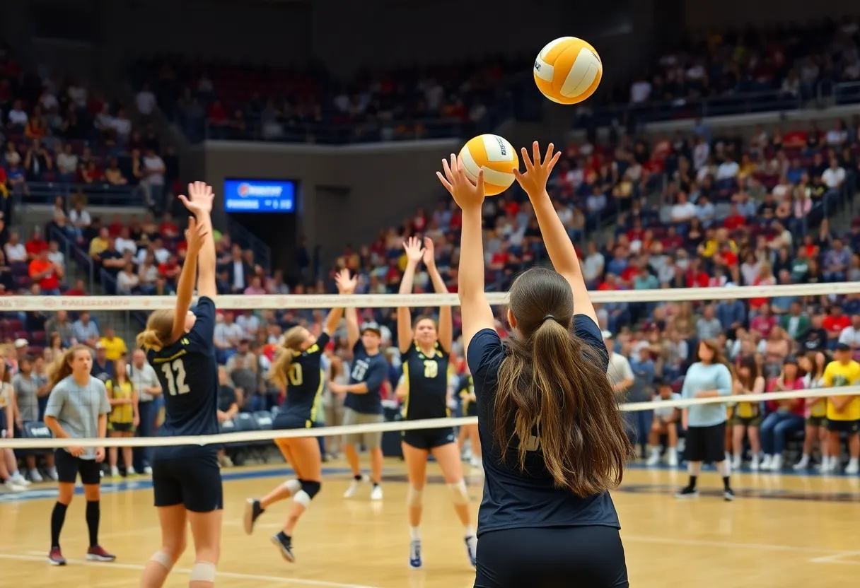Volleyball game with players competing on the court