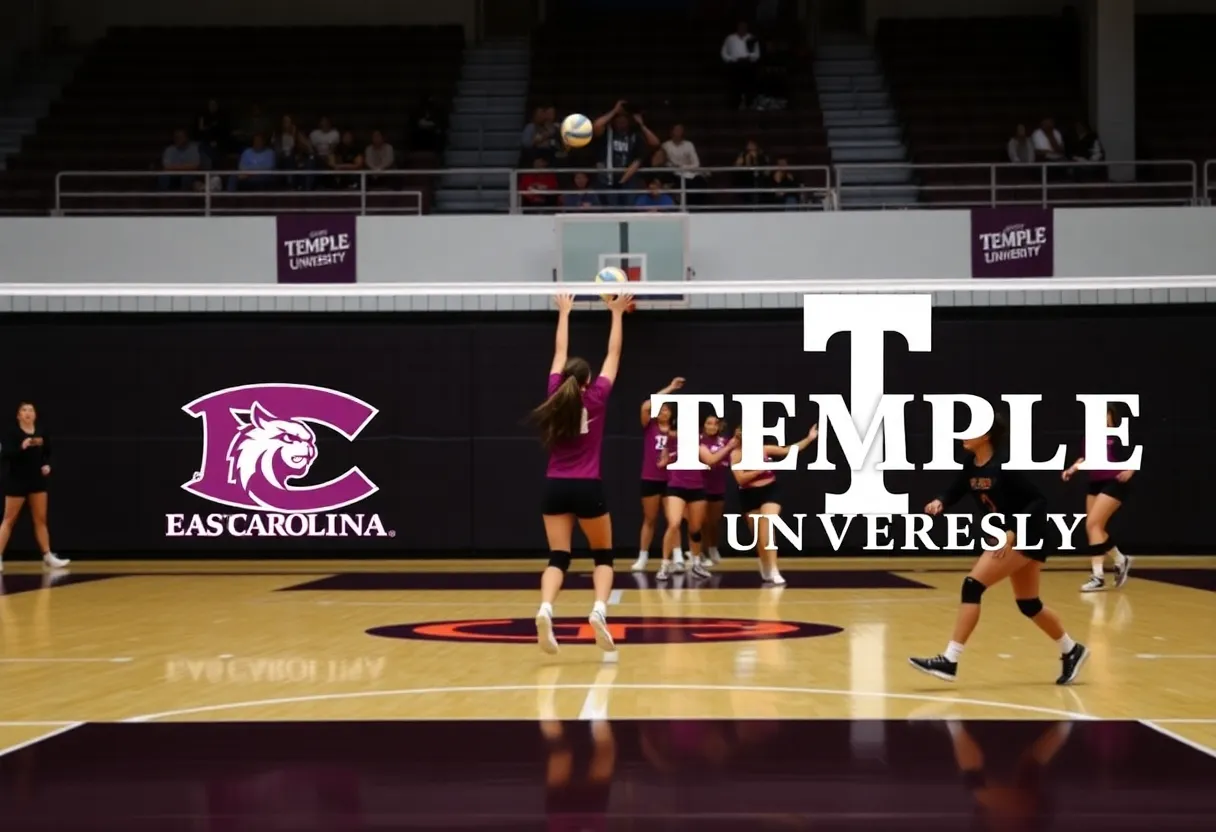 Players from East Carolina University and Temple University during a volleyball game.
