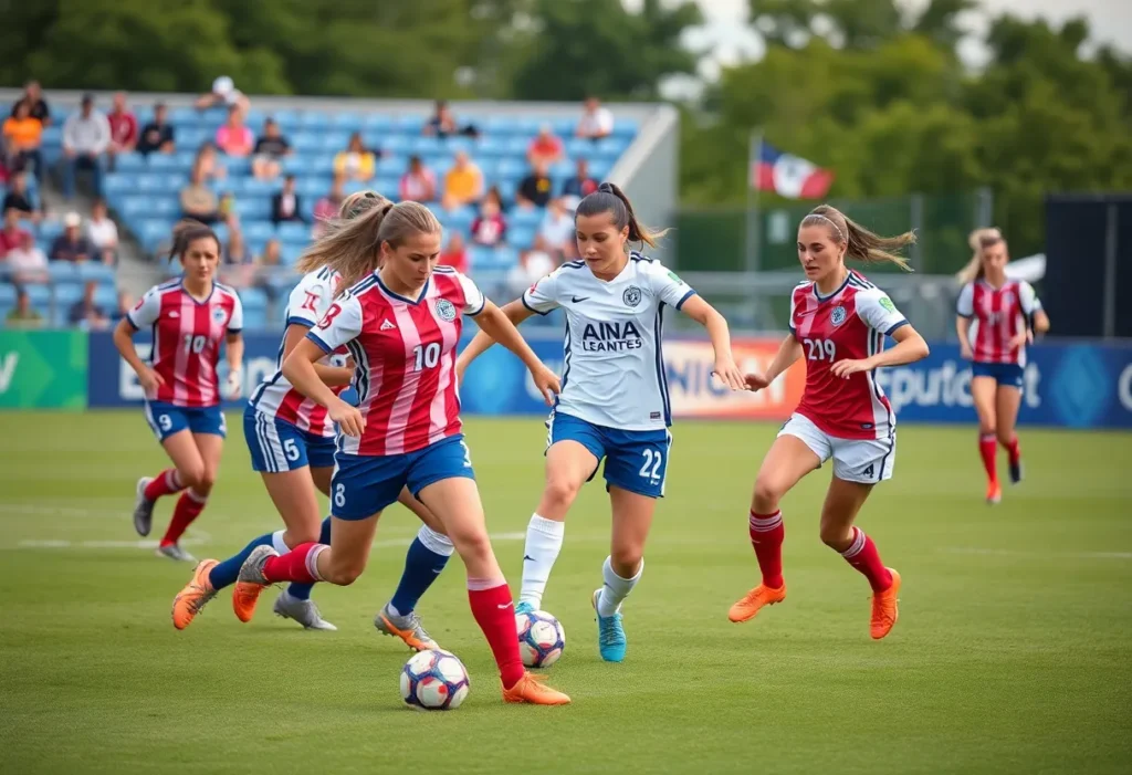 A dynamic play during a women's soccer match between ECU and Rice University.