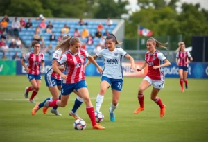 A dynamic play during a women's soccer match between ECU and Rice University.