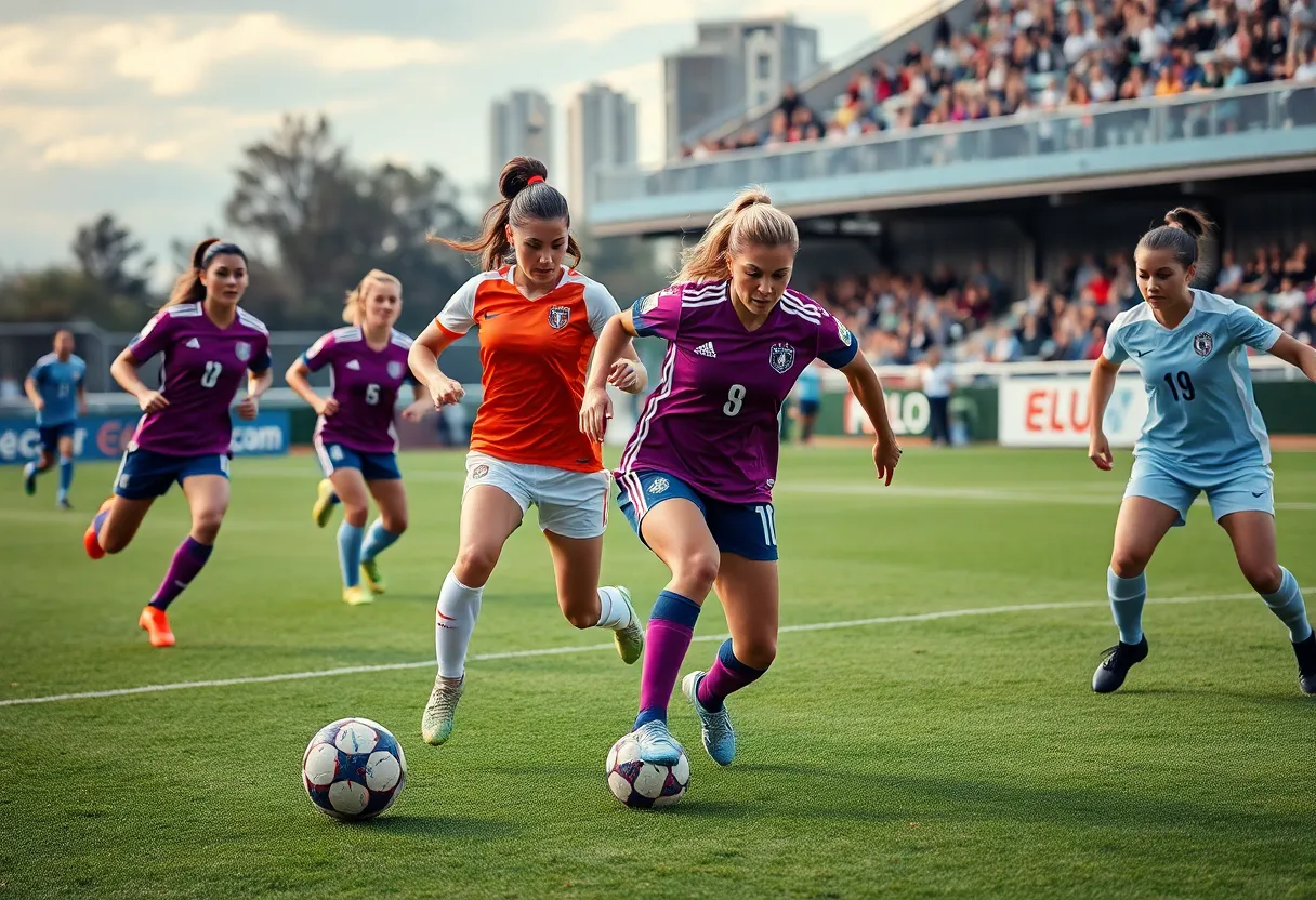 Women soccer players in action during the ECU vs. Temple match
