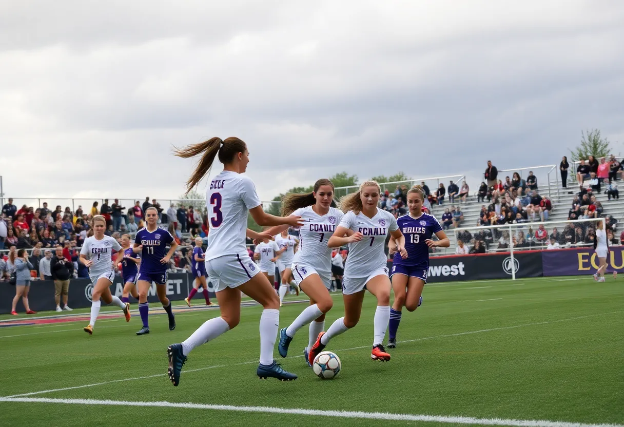 ECU women's soccer team competing against UAB under cloudy skies