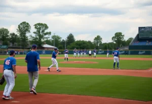Action shot of East Carolina University baseball team playing on the field