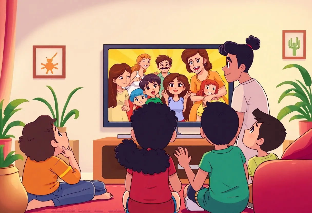 Illustration of a diverse family watching television with animated characters, representing inclusion.
