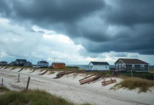 Coastal erosion in Buxton, North Carolina, with collapsed homes