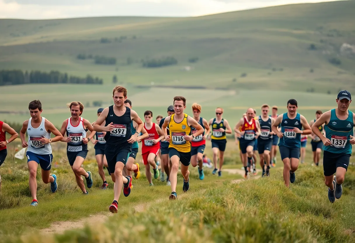 High Point University men's cross country team celebrating their win at the Lancer Pink Invitation.