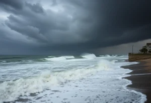 High waves and storm clouds on the North Carolina coast due to Hurricane Erin