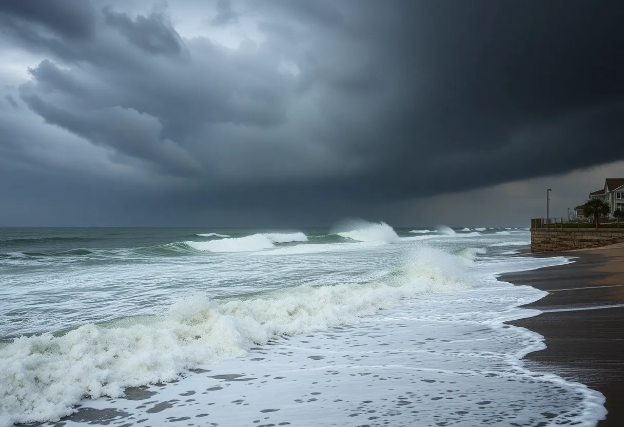 High waves and storm clouds on the North Carolina coast due to Hurricane Erin