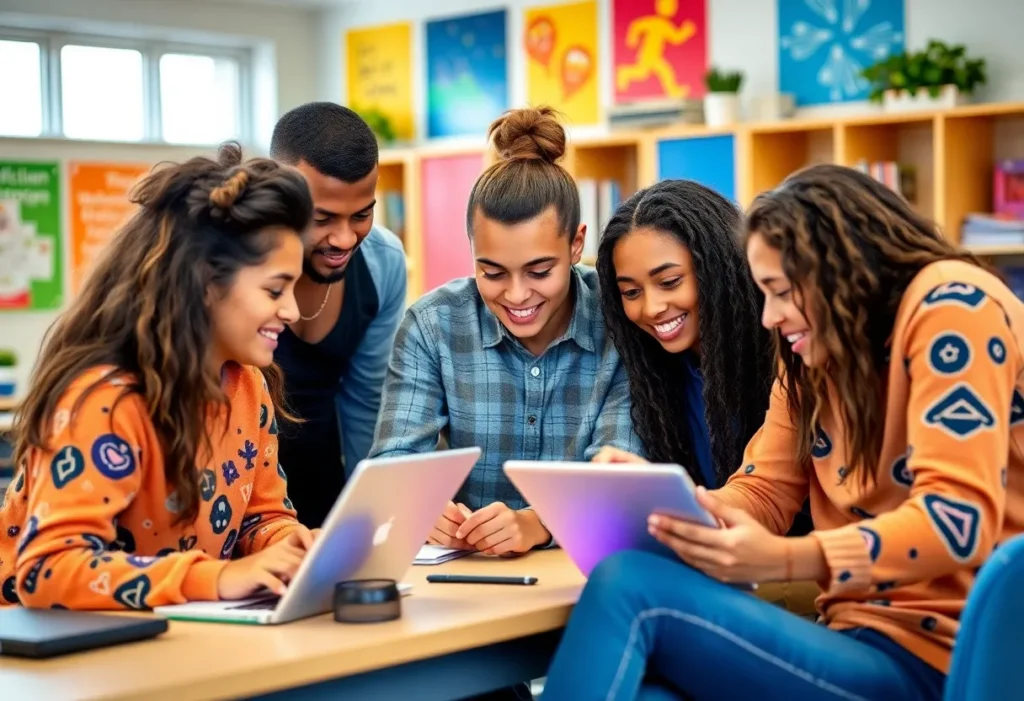 Diverse group of students collaborating in an innovative classroom setting
