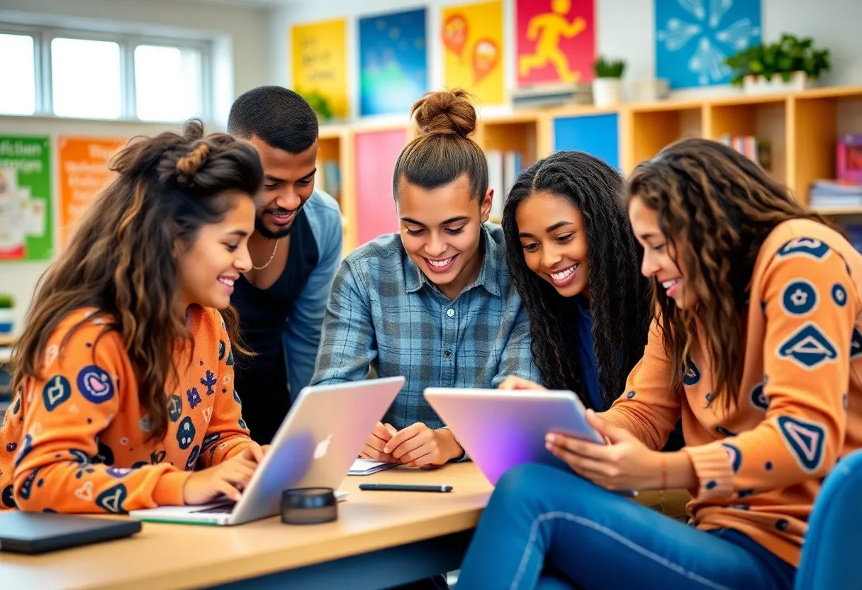 Diverse group of students collaborating in an innovative classroom setting